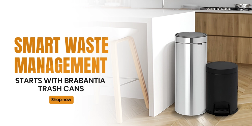 Image showcasing smart waste management solutions with Brabantia trash cans, including sleek stainless steel and black pedal bins for modern kitchens.